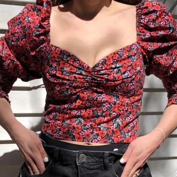 ZARA Floral Puff Sleeve Heart Shape Top Size Large - Picture 4 of 15